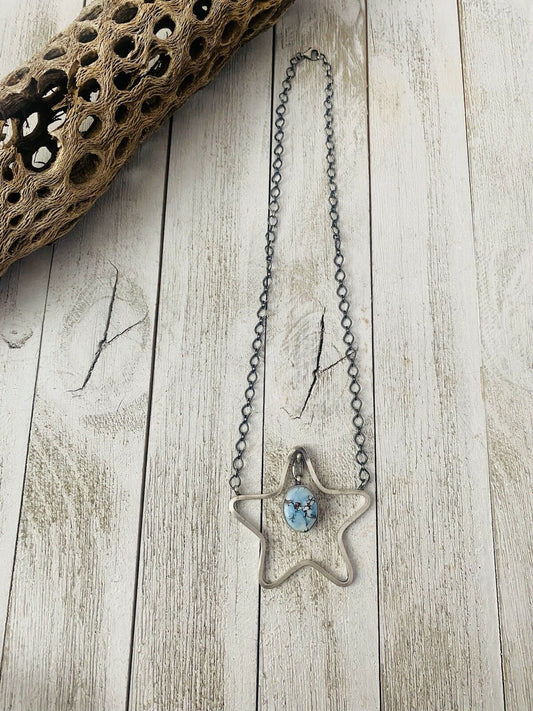 Navajo Golden Hills Turquoise & Sterling Silver Star Necklace Signed