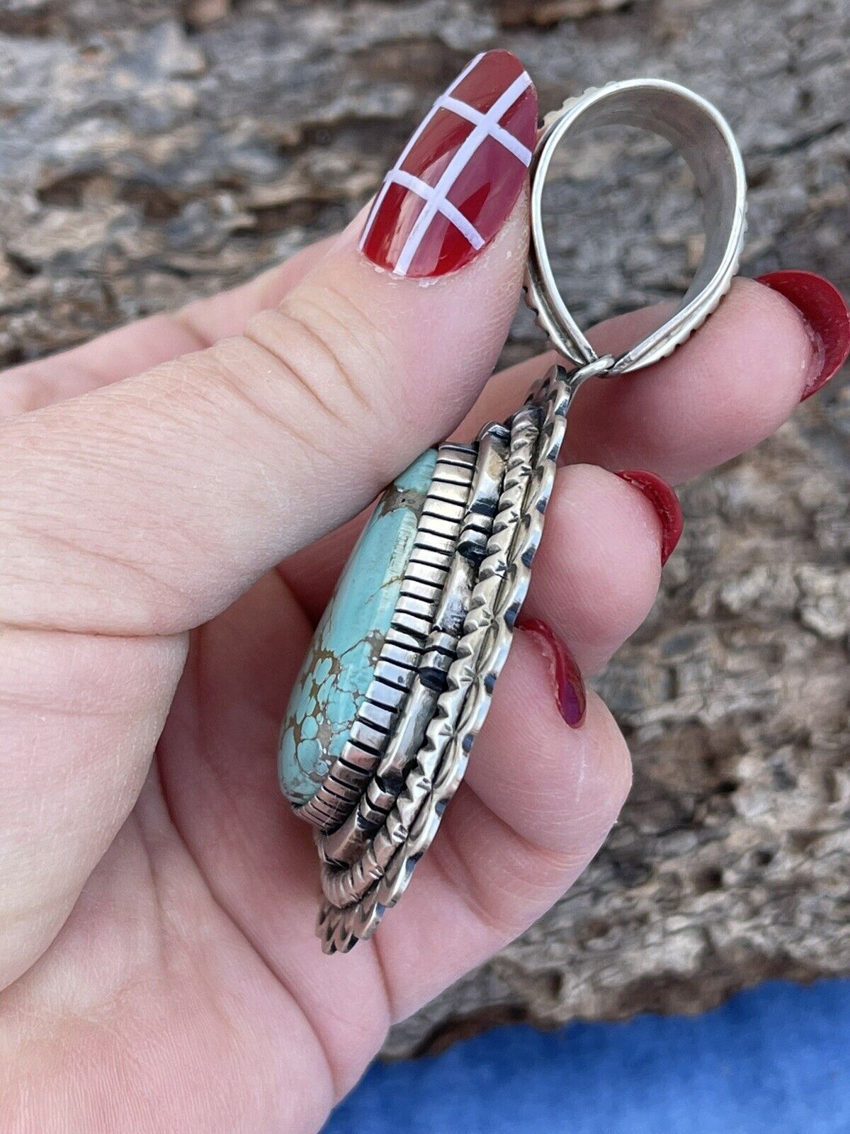 Handcrafted Number 8  Turquoise & Sterling Silver Jumbo Pendant Signed