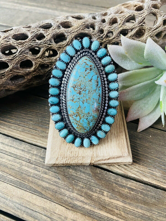 Navajo Number 8 Turquoise & Sterling Silver Statement Ring Size 10 Signed