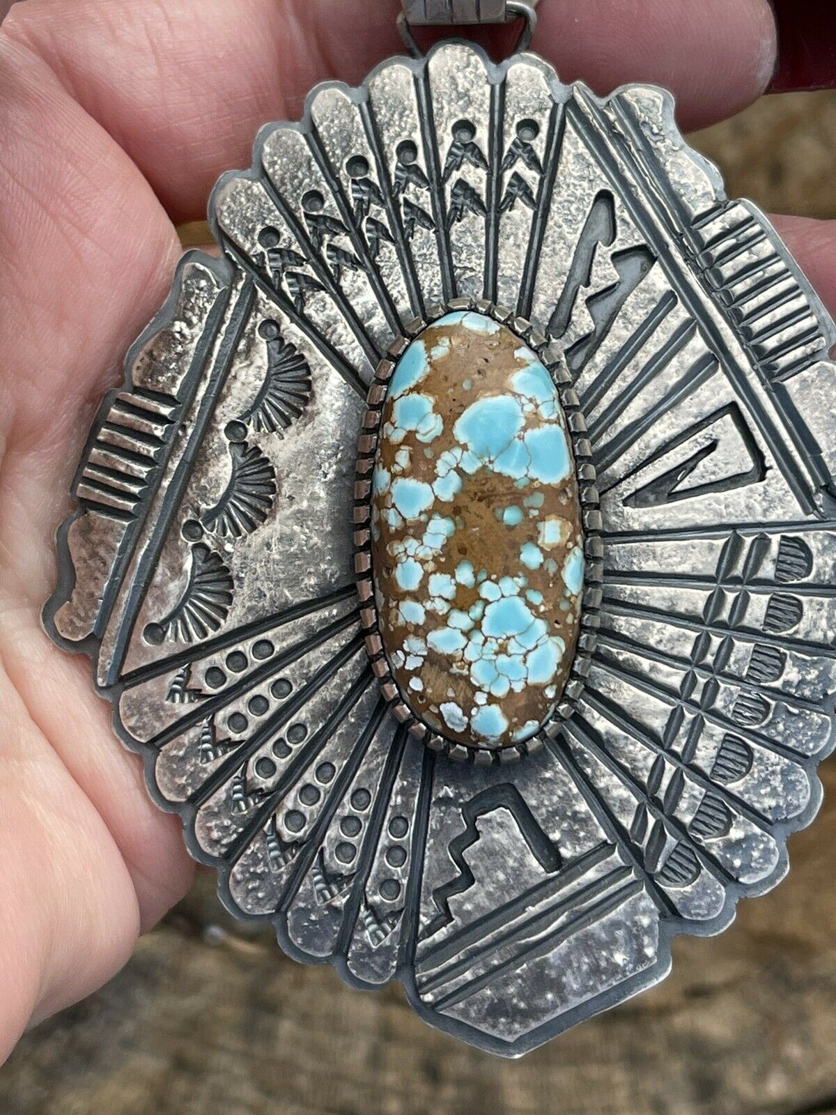 Handcrafted Number 8  Turquoise & Sterling Tufa Cast Jumbo Pendant Signed