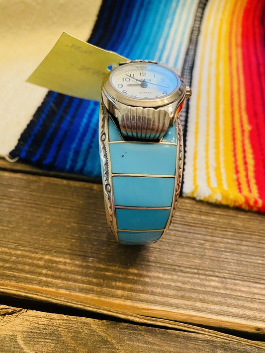 Handcrafted Vintage Turquoise & Sterling Silver Inlay Watch Cuff Signed