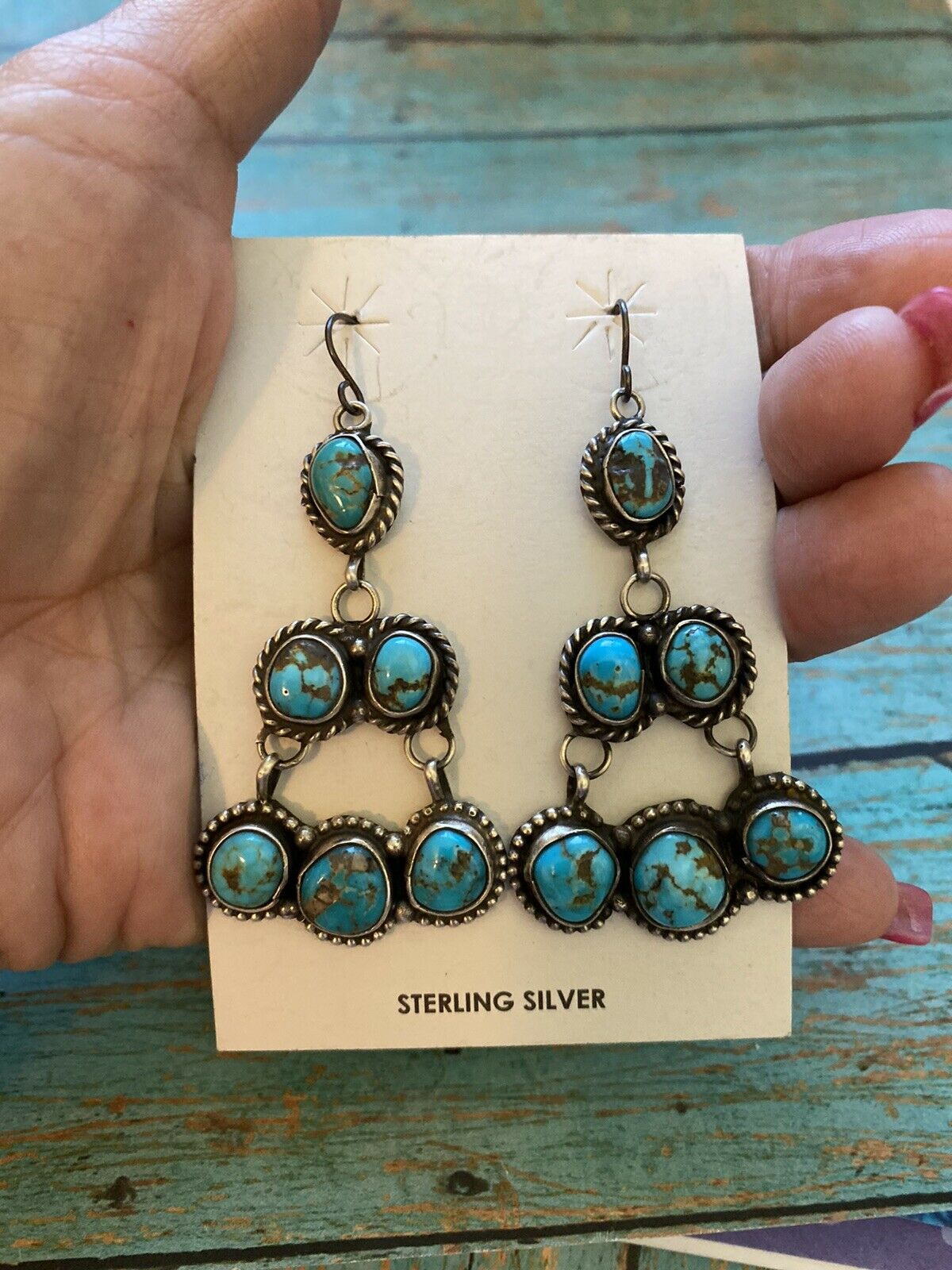 Navajo Sterling Silver & Royston Turquoise Chandelier Dangle Earrings