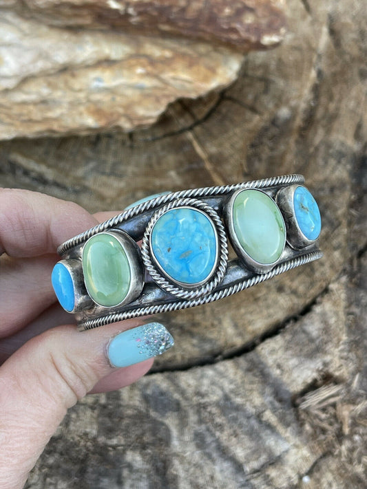 Handcrafted Sterling Sonoran Gold & Golden Hills Turquoise Cuff Bracelet Signed /
