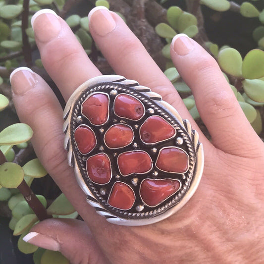 Handcrafted Sterling Silver Natural Red Coral Ring Sz 7