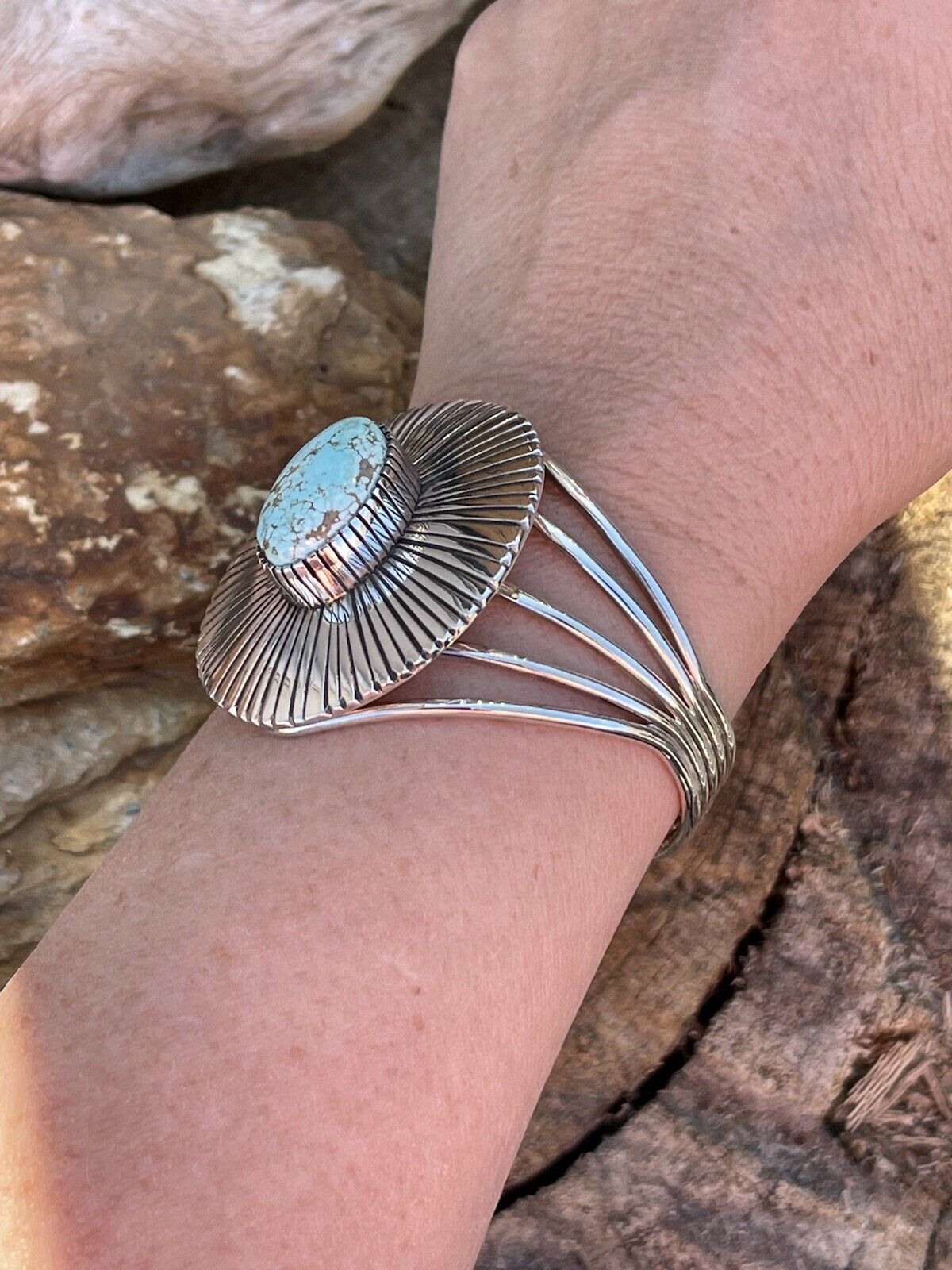 Handcrafted Handmade Sterling Silver & Number 8 Turquoise Signed Lined Cuff Signed