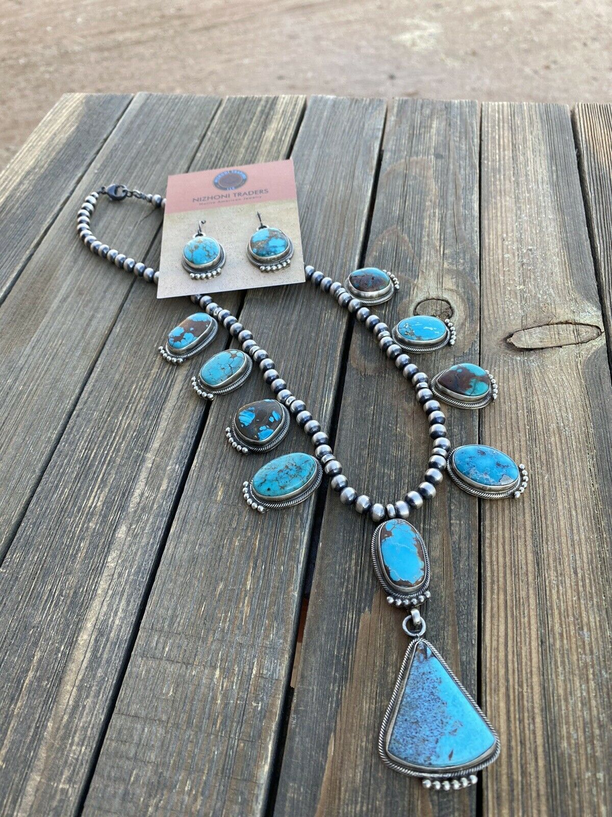 Handcrafted Sterling Silver Royston Turquoise Beaded Necklace & Earring Set