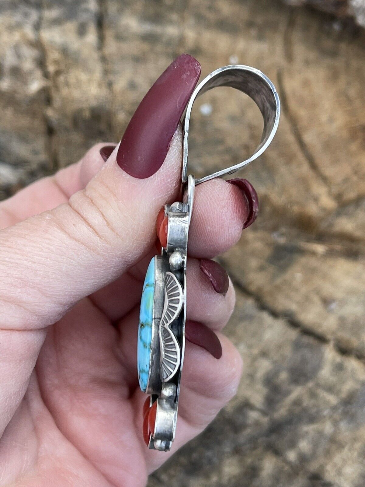 Handcrafted Sterling Kingman Web Turquoise & Red Coral Pendant Taos Collection