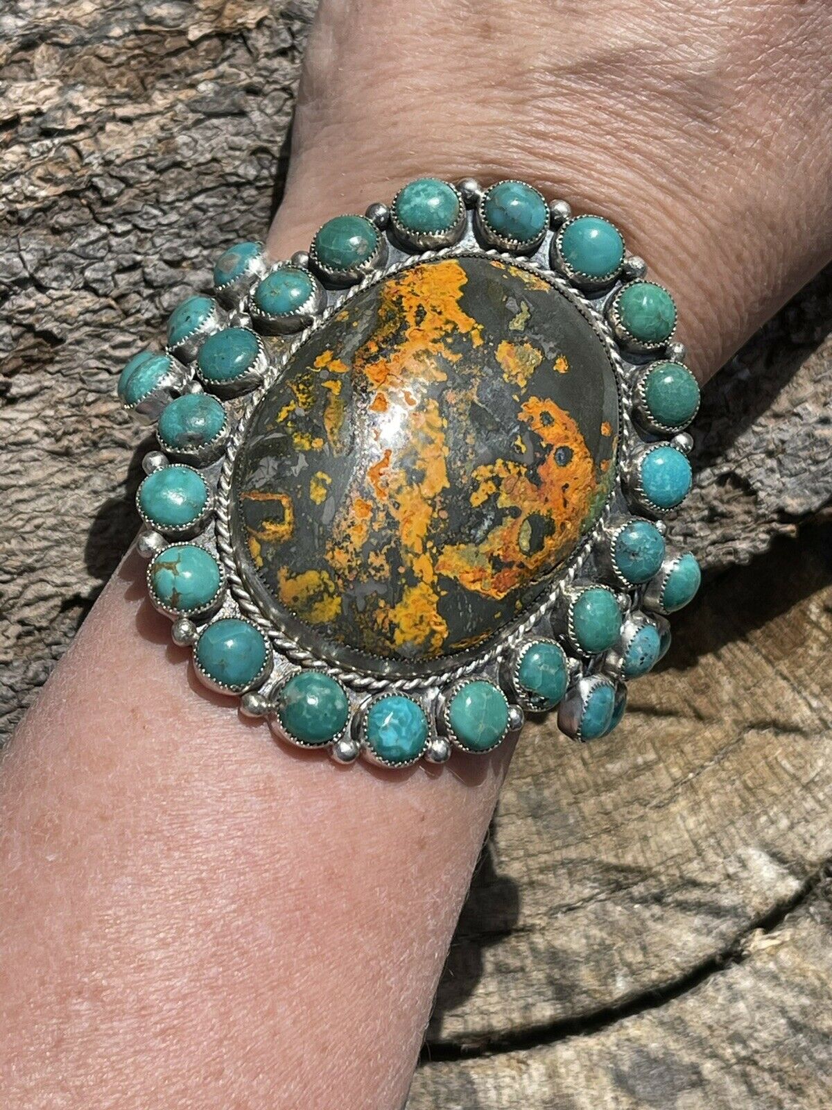 Handcrafted Sterling Silver Bumblebee & Turquoise Cluster Cuff Bracelet /