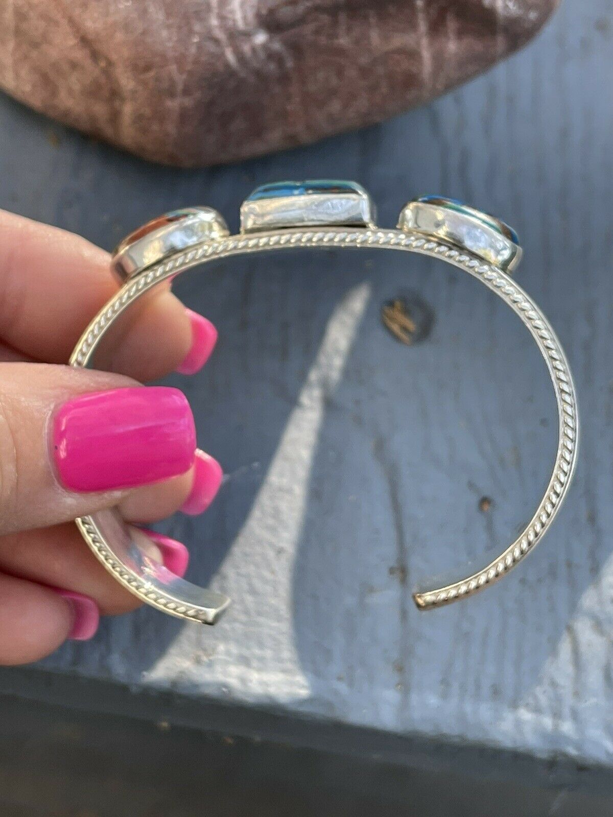 Unique Handcrafted Sterling Silver & Rainbow Stone Elegant Cuff Bracelet
