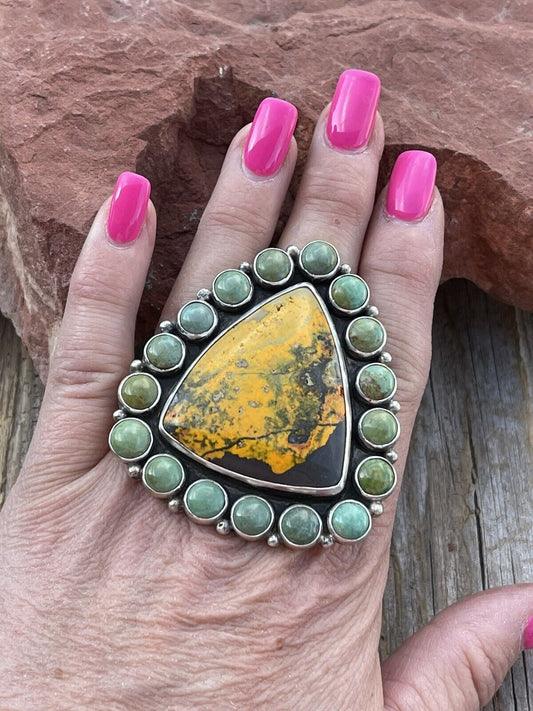 Handcrafted Turquoise & Bumble Bee Cluster Jumbo Ring Size 7
