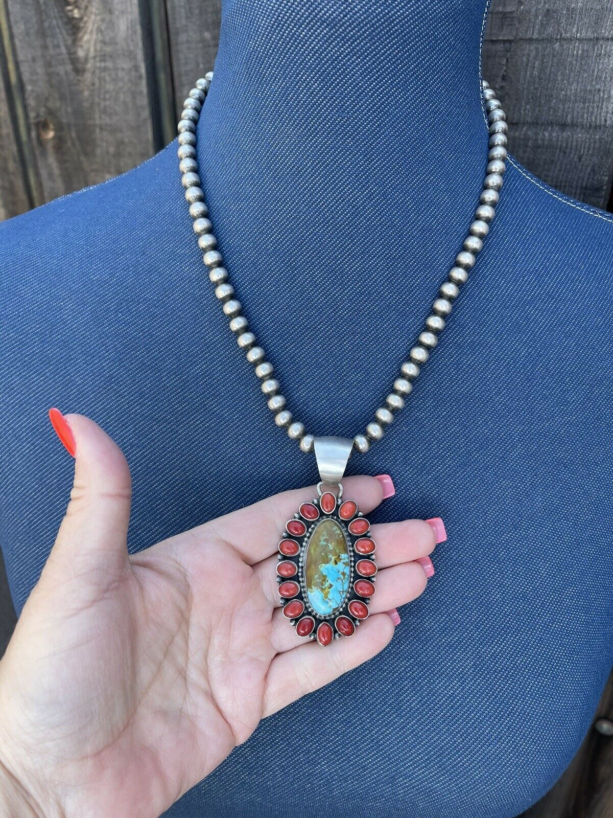 Handcrafted Sterling Silver Kingman Web Turquoise & Red Coral Taos Cluster Pendant