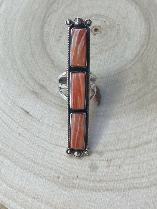 Navajo Spiny Oyster & Sterling Silver Ring Size 7.5 Signed