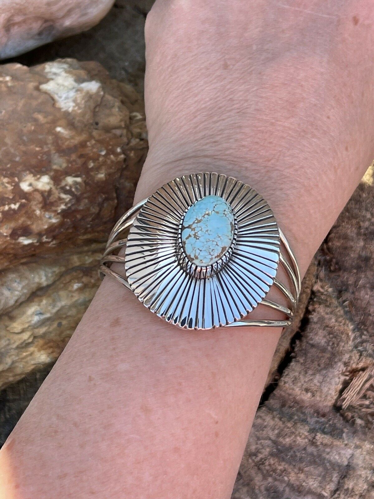 Handcrafted Handmade Sterling Silver & Number 8 Turquoise Signed Lined Cuff Signed