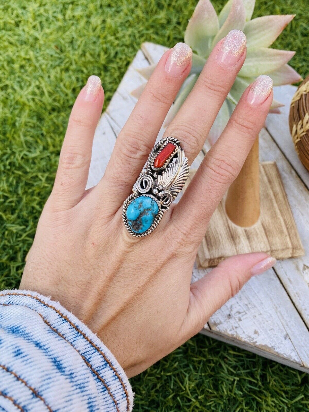 Handcrafted Turquoise, Coral & Sterling Silver Ring Size 5.5