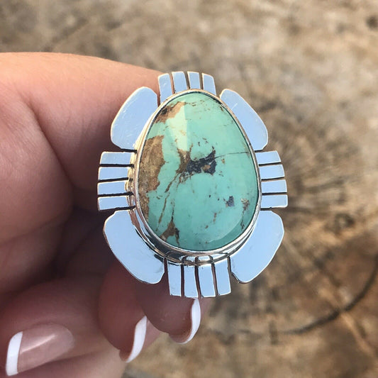 Handcrafted Royston Turquoise & Sterling Silver Ring Size 8 Stamped Sterling