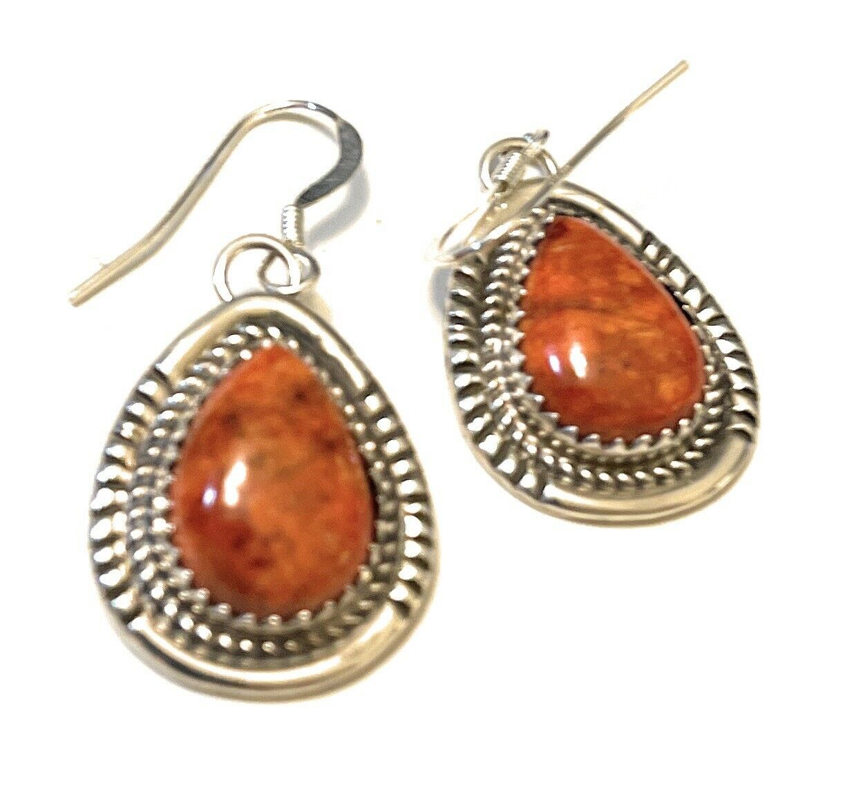 Handcrafted Sterling Silver Southwest Apple Coral Teardrop Earrings Signed G. Boyd