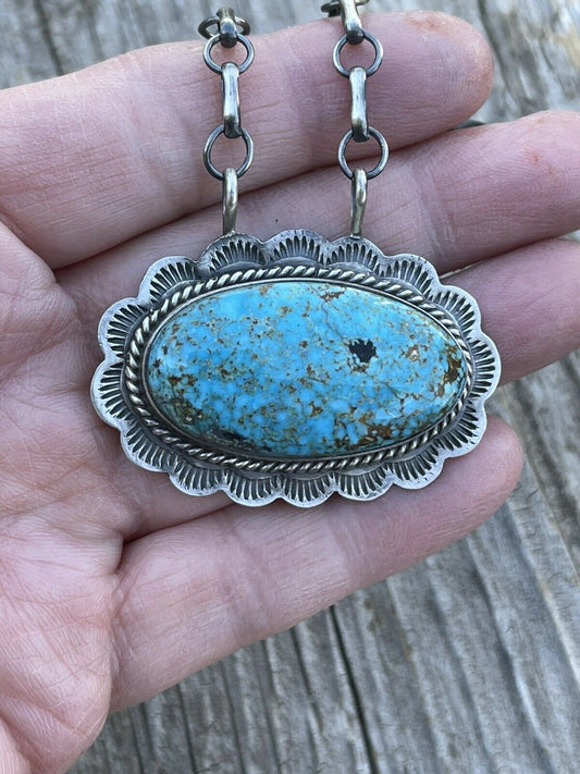 Handcrafted Sterling Silver & Royston Turquoise Stone Southwest Necklace Signed