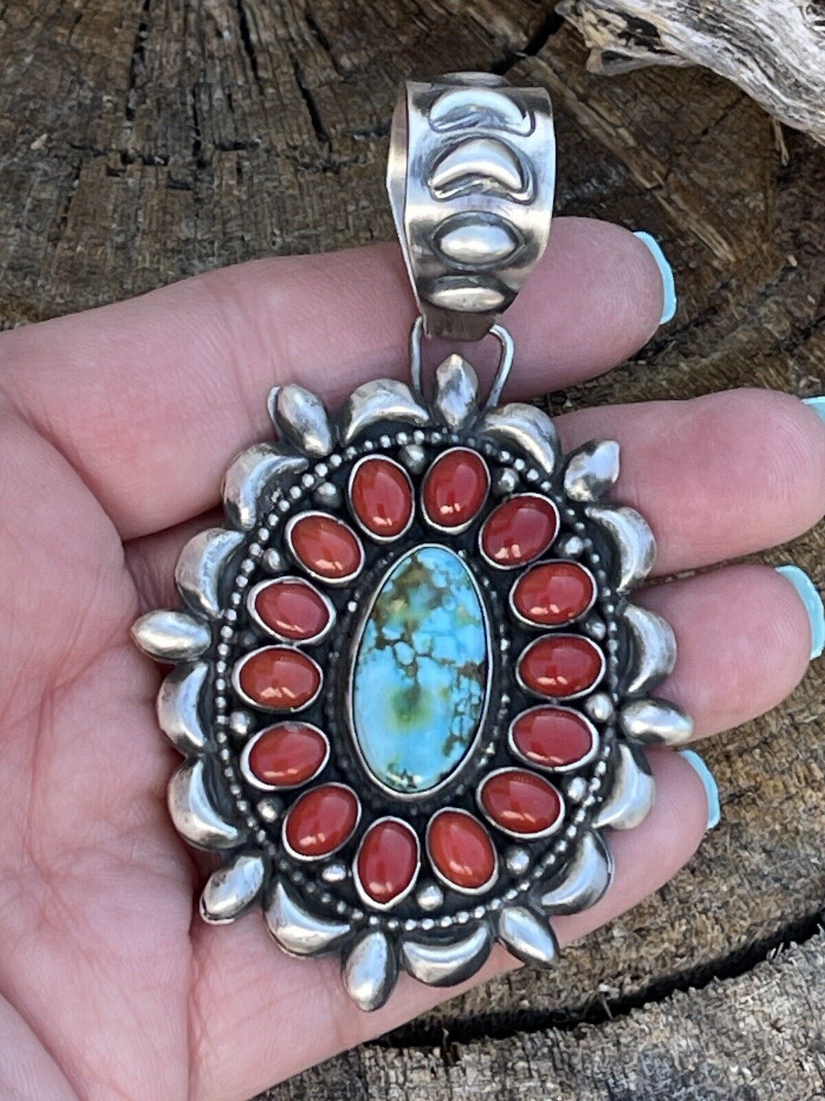 Handcrafted Sterling Kingman Web Turquoise & Red Coral Taos Ornate Pendant D. Clark