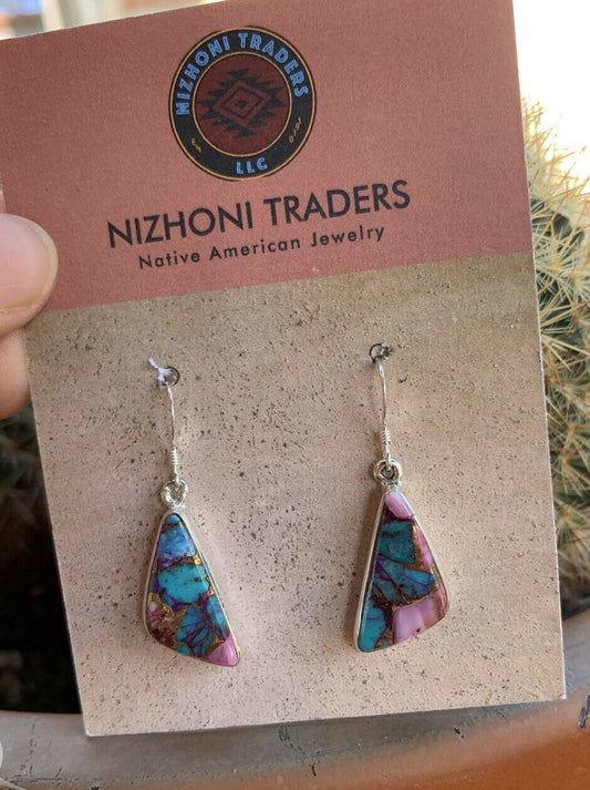 Navajo Pink Dream Mohave & Sterling Silver Geometric Dangle Earrings