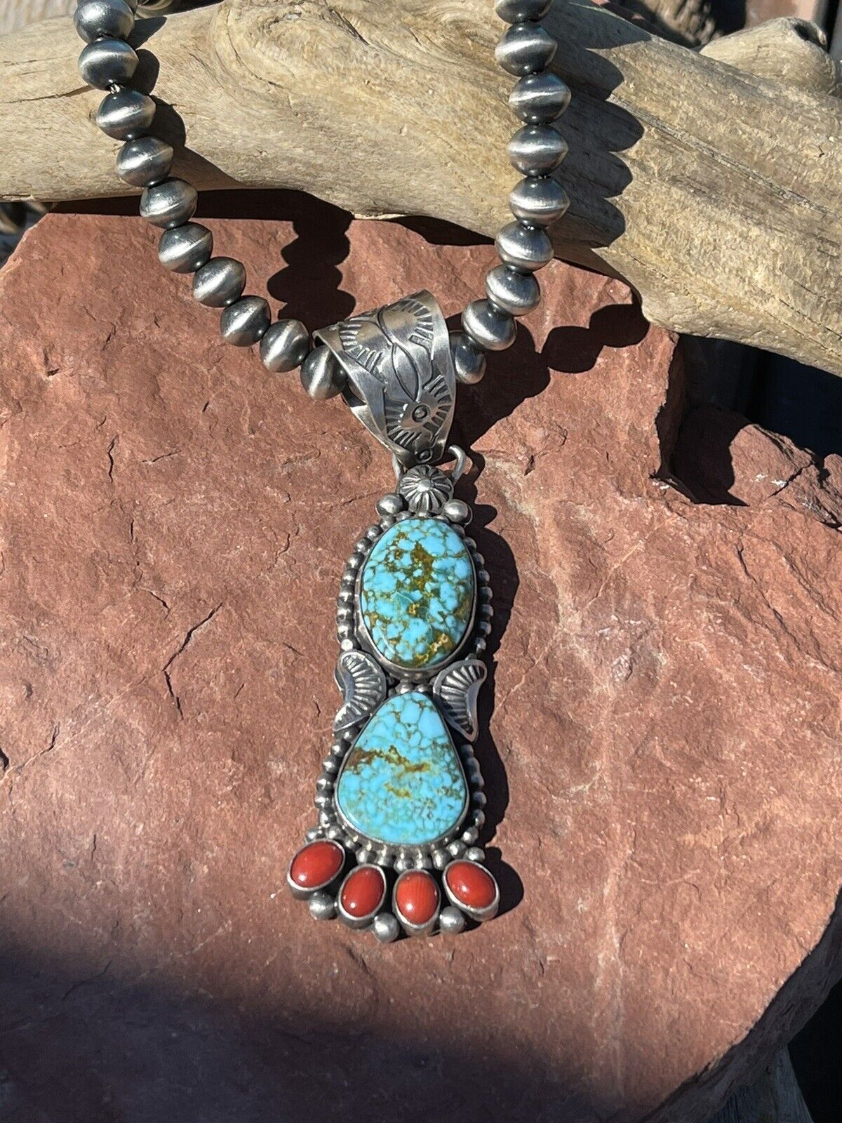 Navajo Sterling Kingman Web Turquoise & Red Coral Taos Pendant Danny Clark