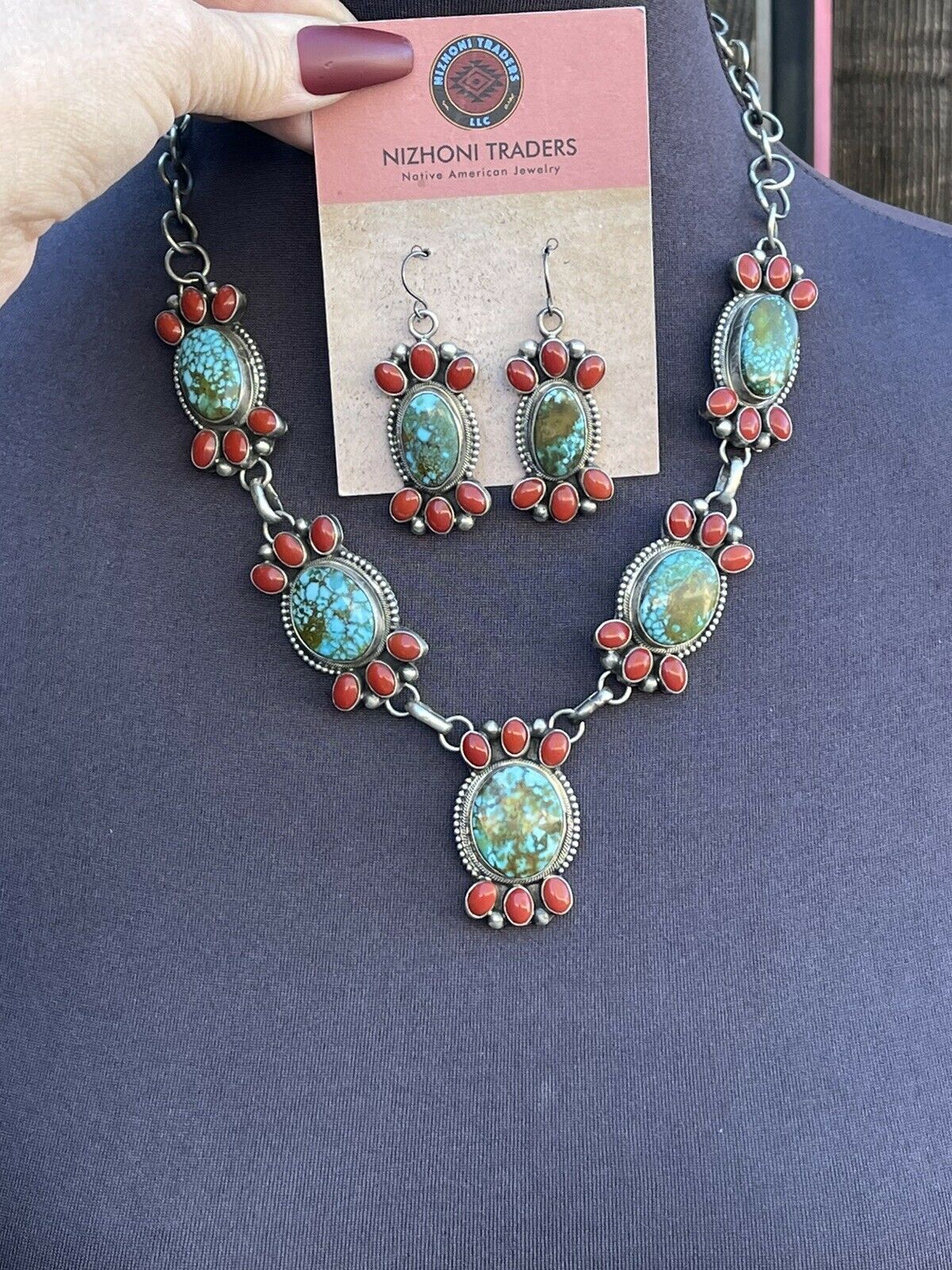 Handcrafted Sterling Kingman Turquoise Natural Red Coral Necklace Set Taos Collection