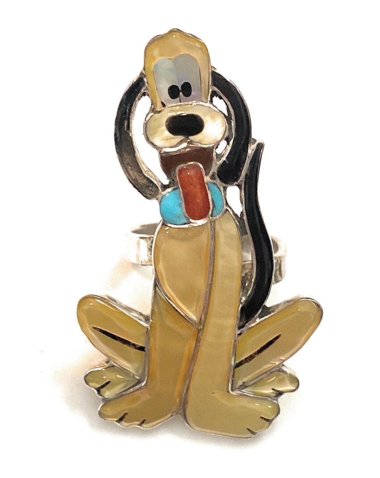 Handcrafted Sterling Silver & Multi Stone Dog Inlay Adjustable Ring by Don Dewa