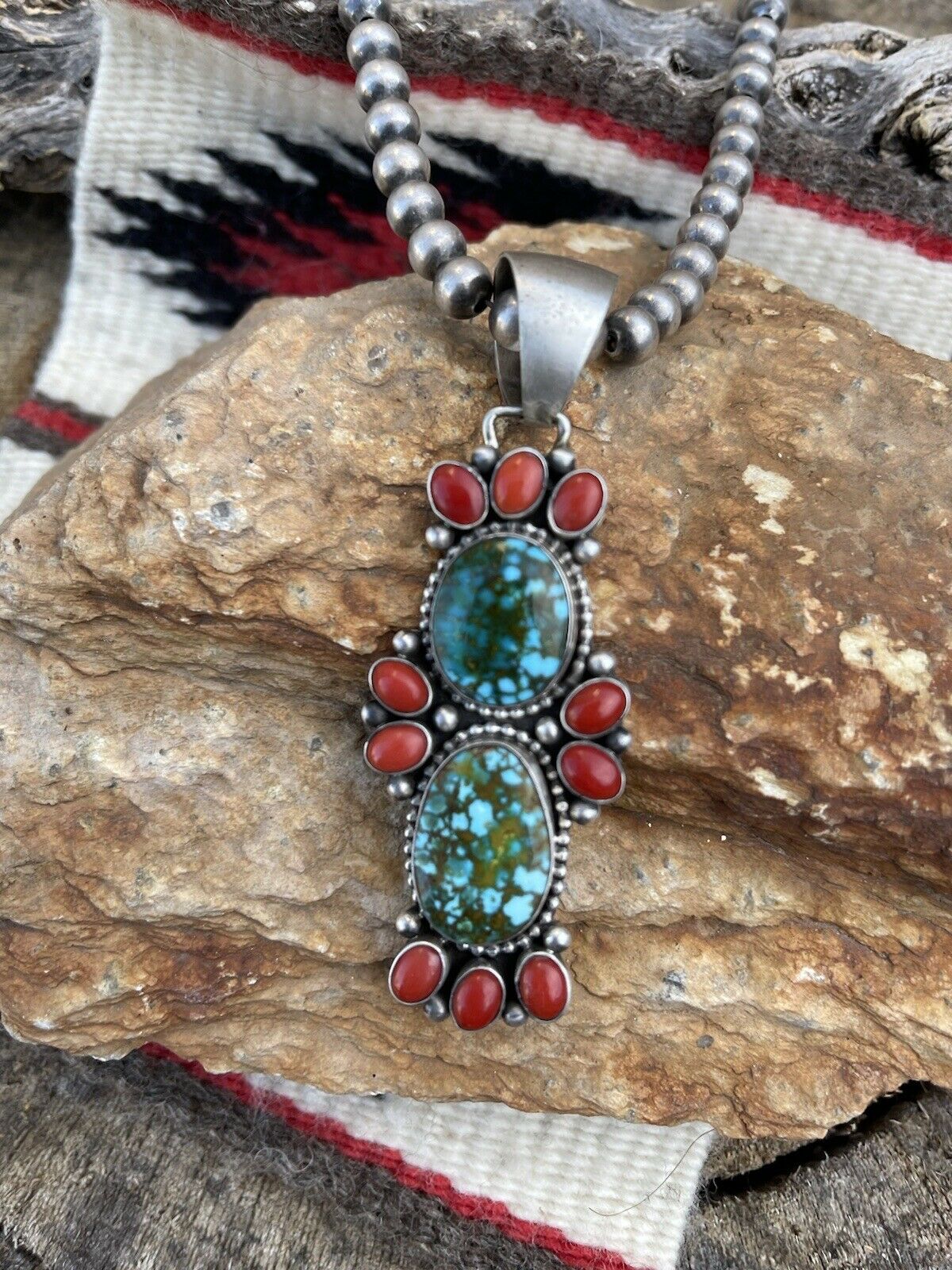 Handcrafted Sterling Kingman Web Turquoise & Red Coral Taos Pendant Bea Tom