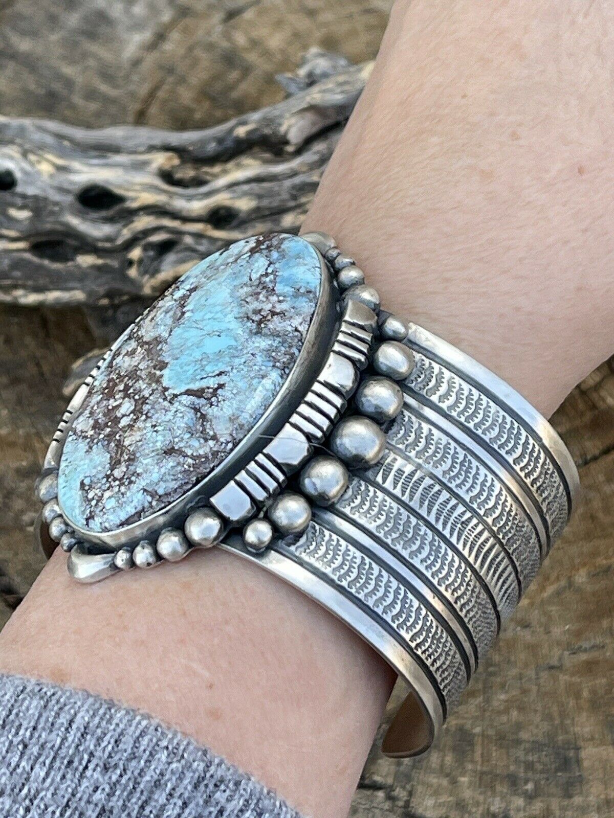 Handcrafted Handmade Sterling Silver & Number 8 Turquoise Signed Cuff Signed