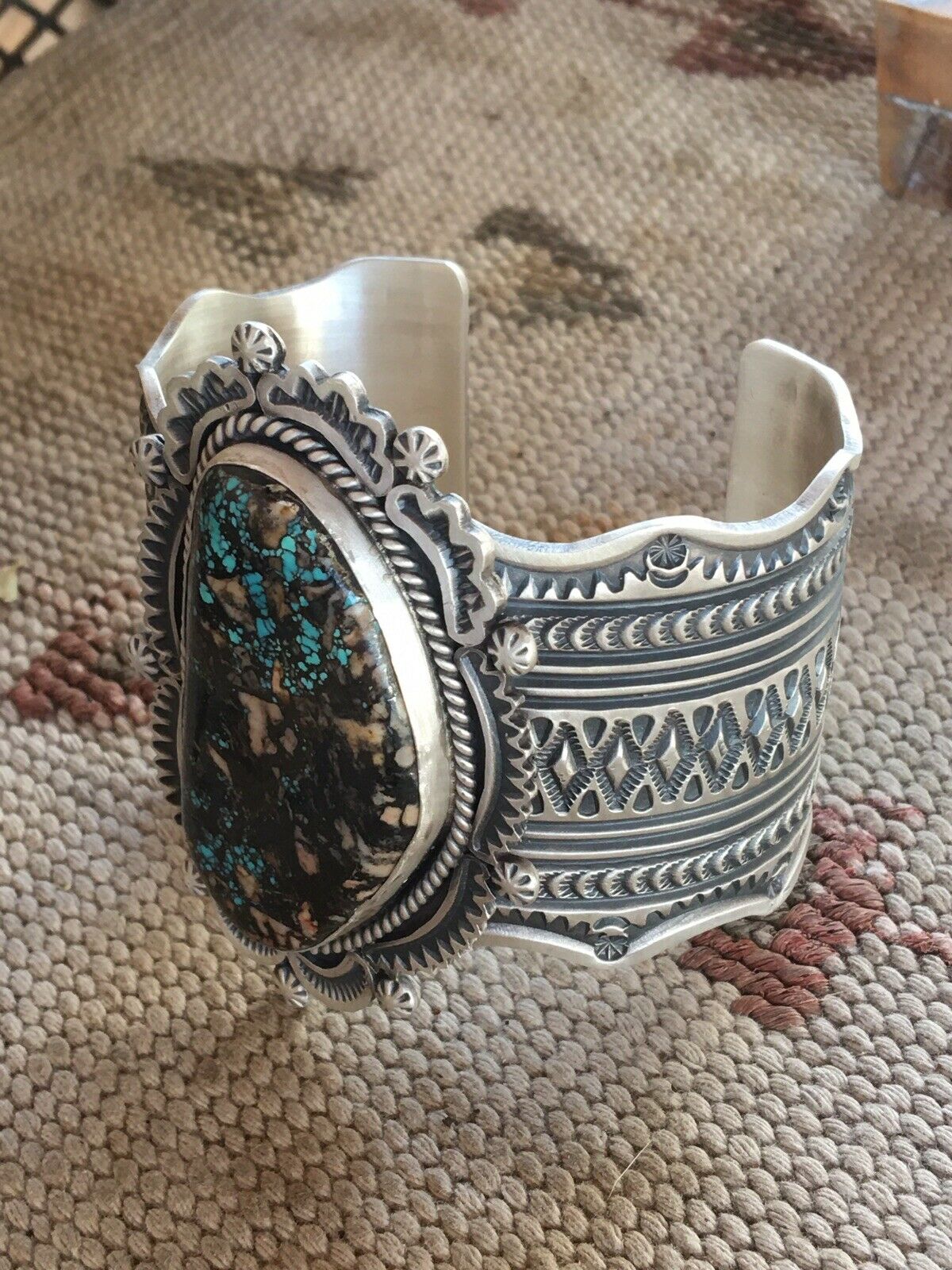 Handcrafted Royston Turquoise  Sterling Silver Handstamped Cuff Signed