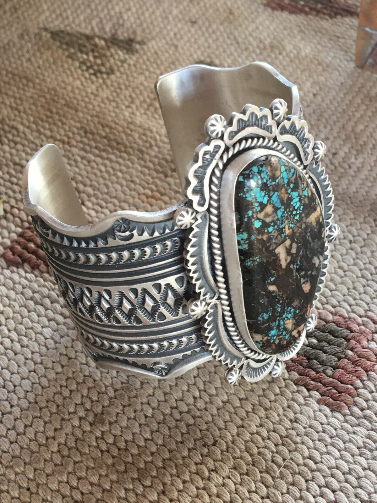 Handcrafted Royston Turquoise  Sterling Silver Handstamped Cuff Signed