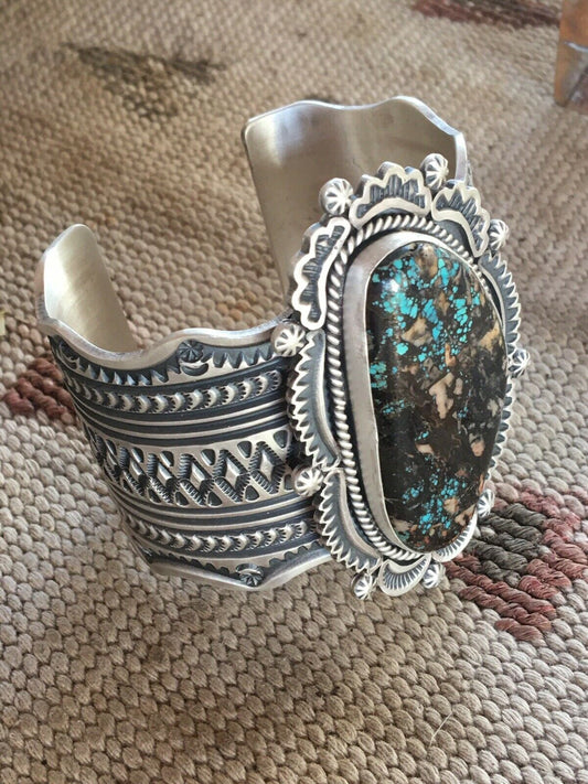 Handcrafted Royston Turquoise  Sterling Silver Handstamped Cuff Signed