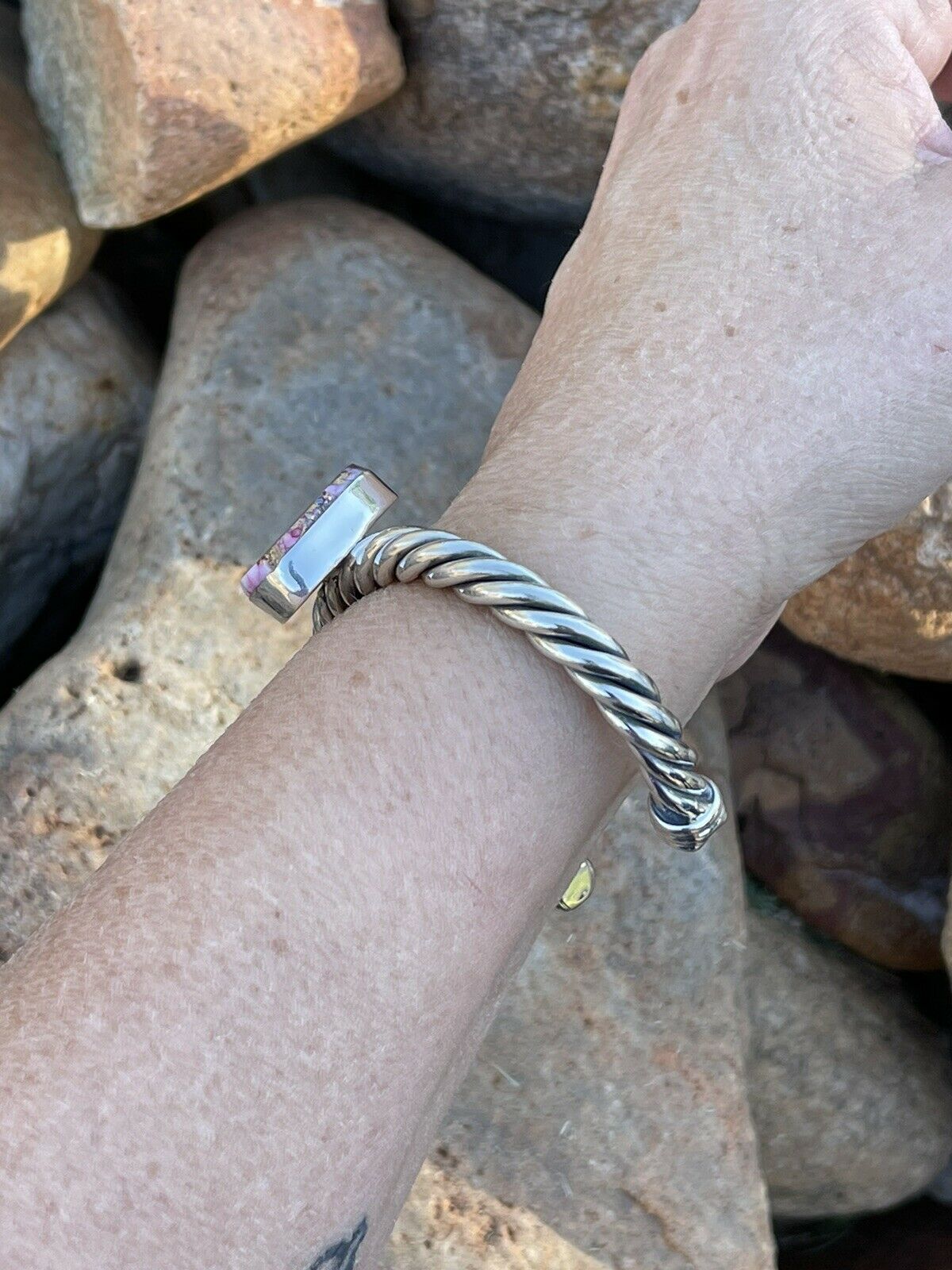 Handcrafted Pink Dream Mojave Sterling Silver Solid Twist Cuff