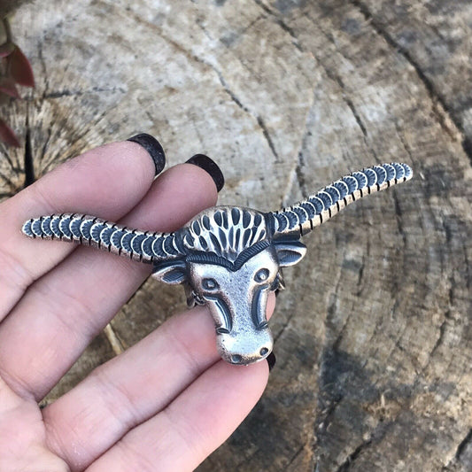 Handcrafted Sterling Silver Longhorn Cattle Steer Head Statement Ring