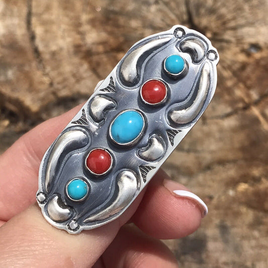 Handcrafted Sterling Silver Turquoise Coral 5 Stone Ring