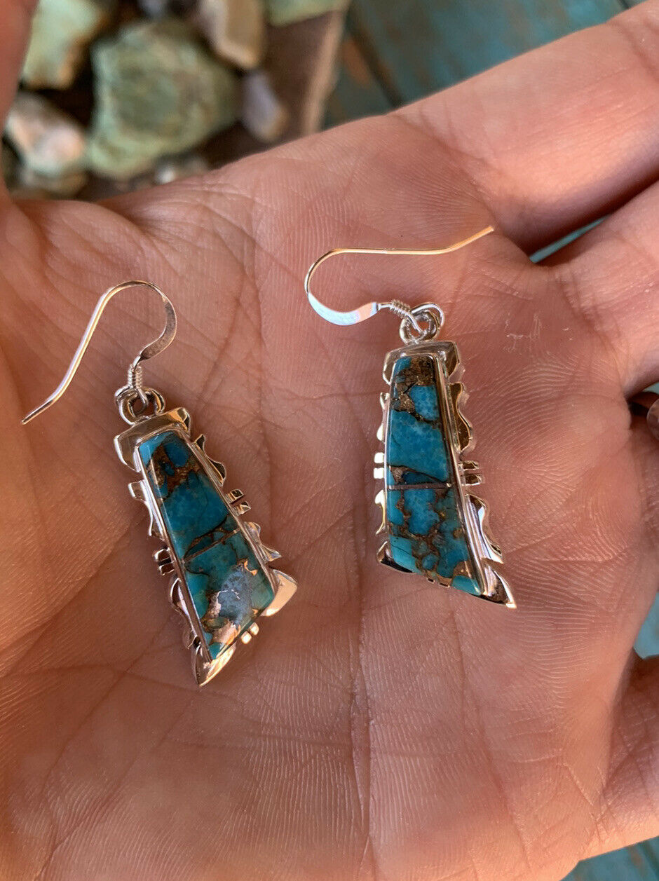 Navajo Turquoise Sterling Silver Copper Mohave Jagged Dangle Earrings