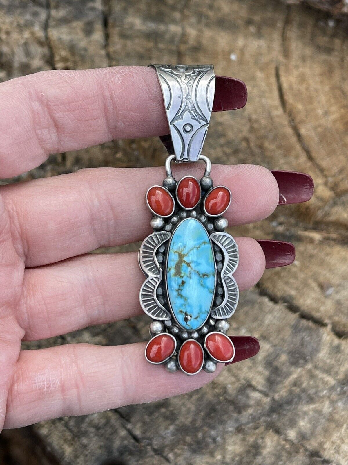 Handcrafted Sterling Kingman Web Turquoise & Red Coral Pendant Taos Collection