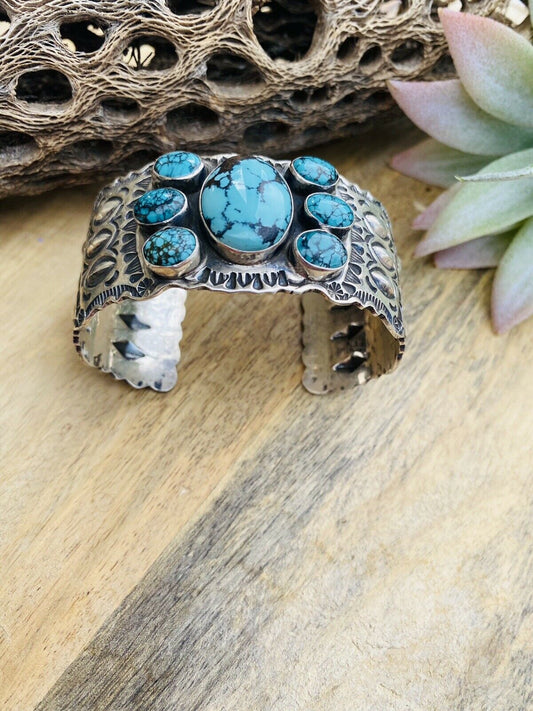 Vintage Handcrafted Turquoise & Sterling Silver Hand Stamped Cuff Bracelet /