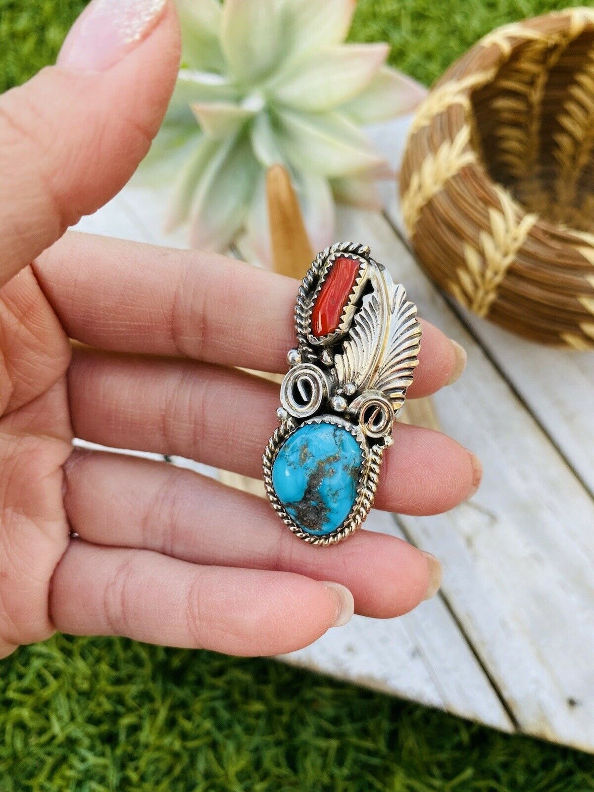 Handcrafted Turquoise, Coral & Sterling Silver Ring Size 5.5