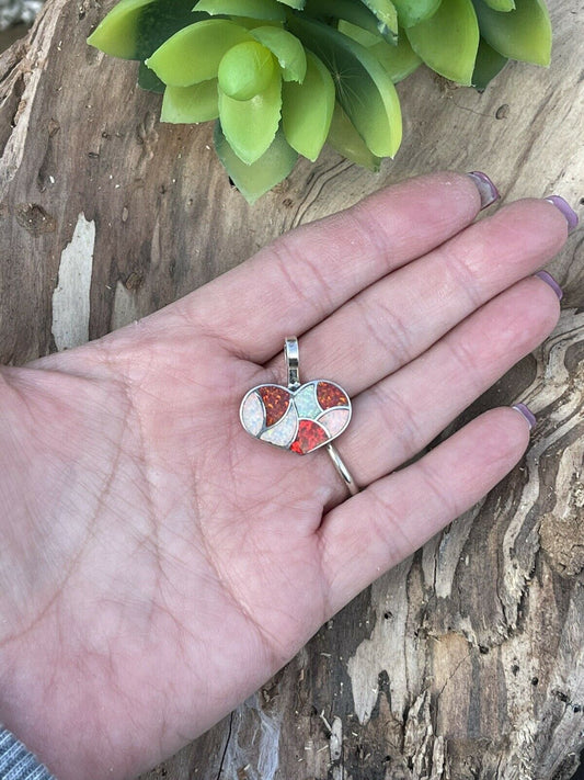 Handcrafted Iridescent Red Candy Cane Opal & Sterling Silver Heart Pendant