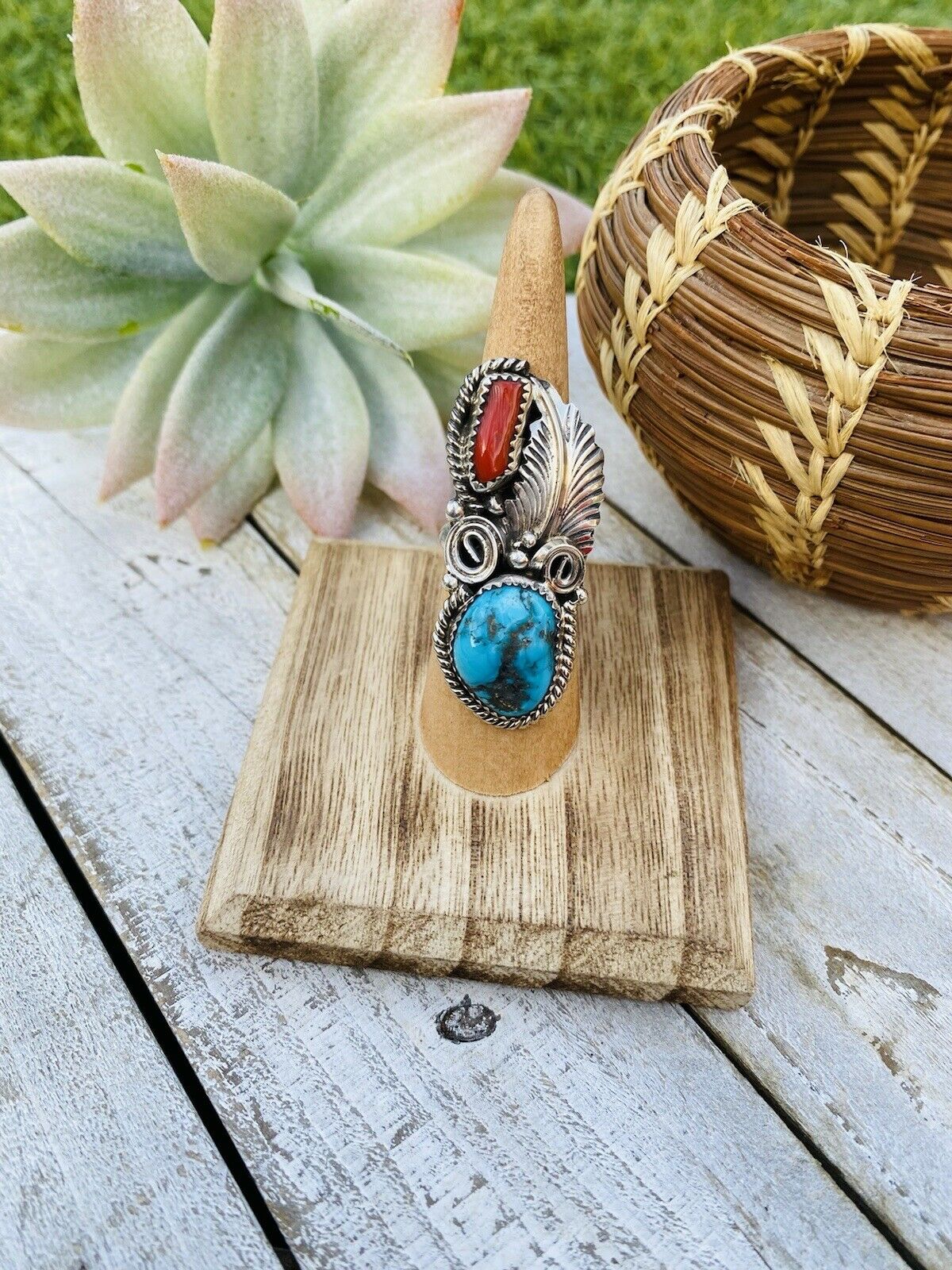 Handcrafted Turquoise, Coral & Sterling Silver Ring Size 5.5