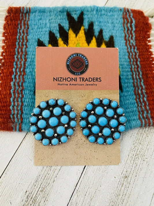 Handcrafted Sleeping Beauty Turquoise & Sterling Silver Cluster Stud Earrings Signed