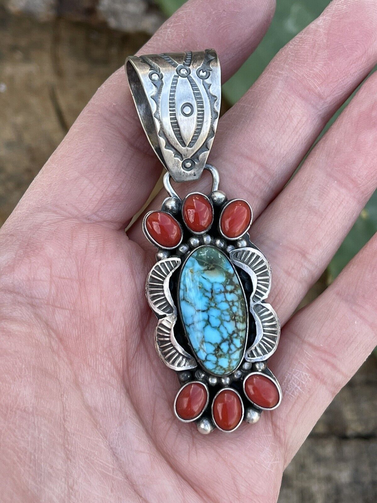 Handcrafted Sterling Kingman Web Turquoise & Red Coral Pendant Taos Collection