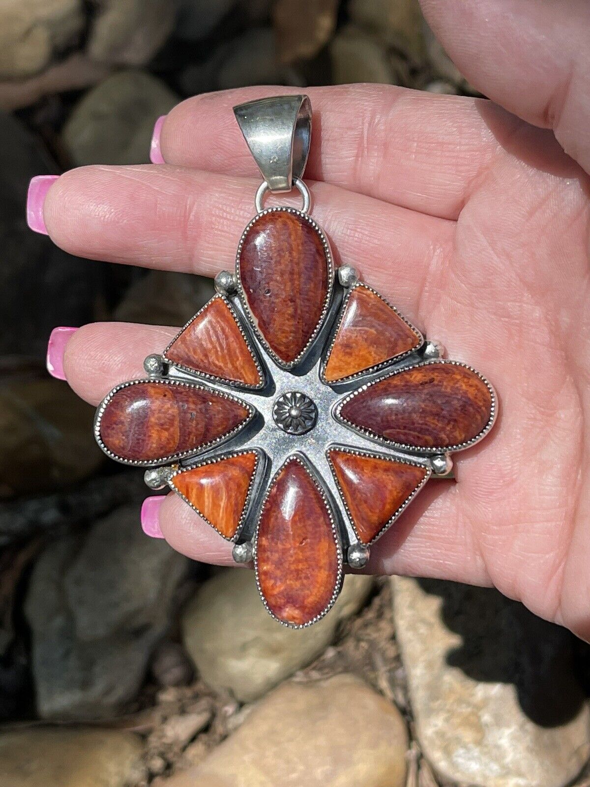 Handcrafted Sterling Silver Orange Spiny  Jumbo Cluster Pendant