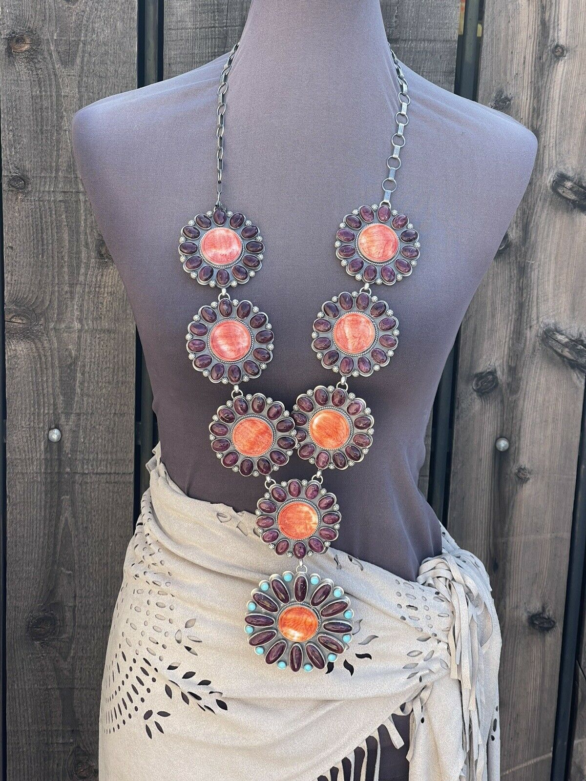 Handcrafted Stunning Sterling Silver, Carved Spiny Oyster and Turquoise Necklace by Gilbert Platero