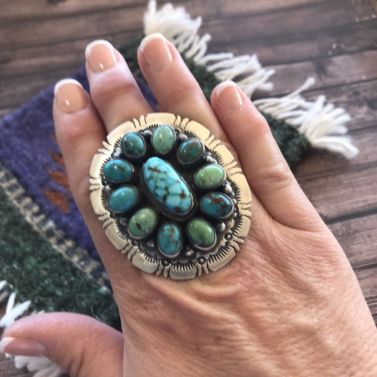 Navajo Cluster Multi Turquoise & Sterling Silver Ring Size 6.5
