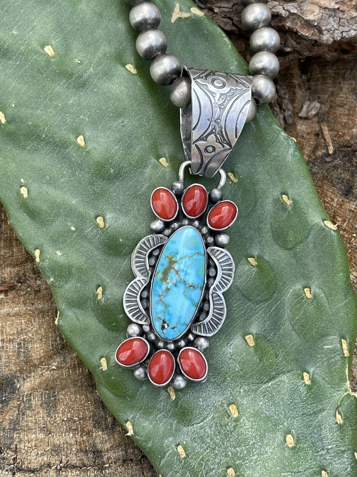 Handcrafted Sterling Kingman Web Turquoise & Red Coral Pendant Taos Collection