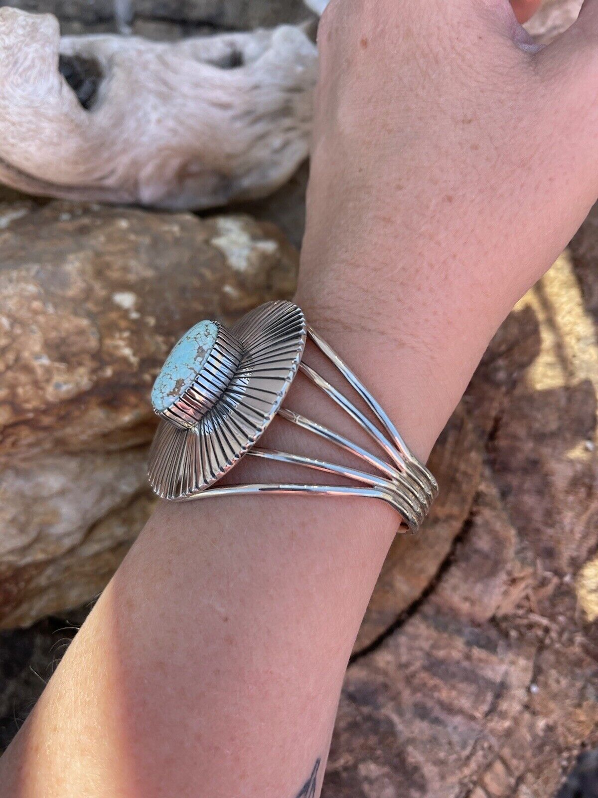Handcrafted Handmade Sterling Silver & Number 8 Turquoise Signed Lined Cuff Signed