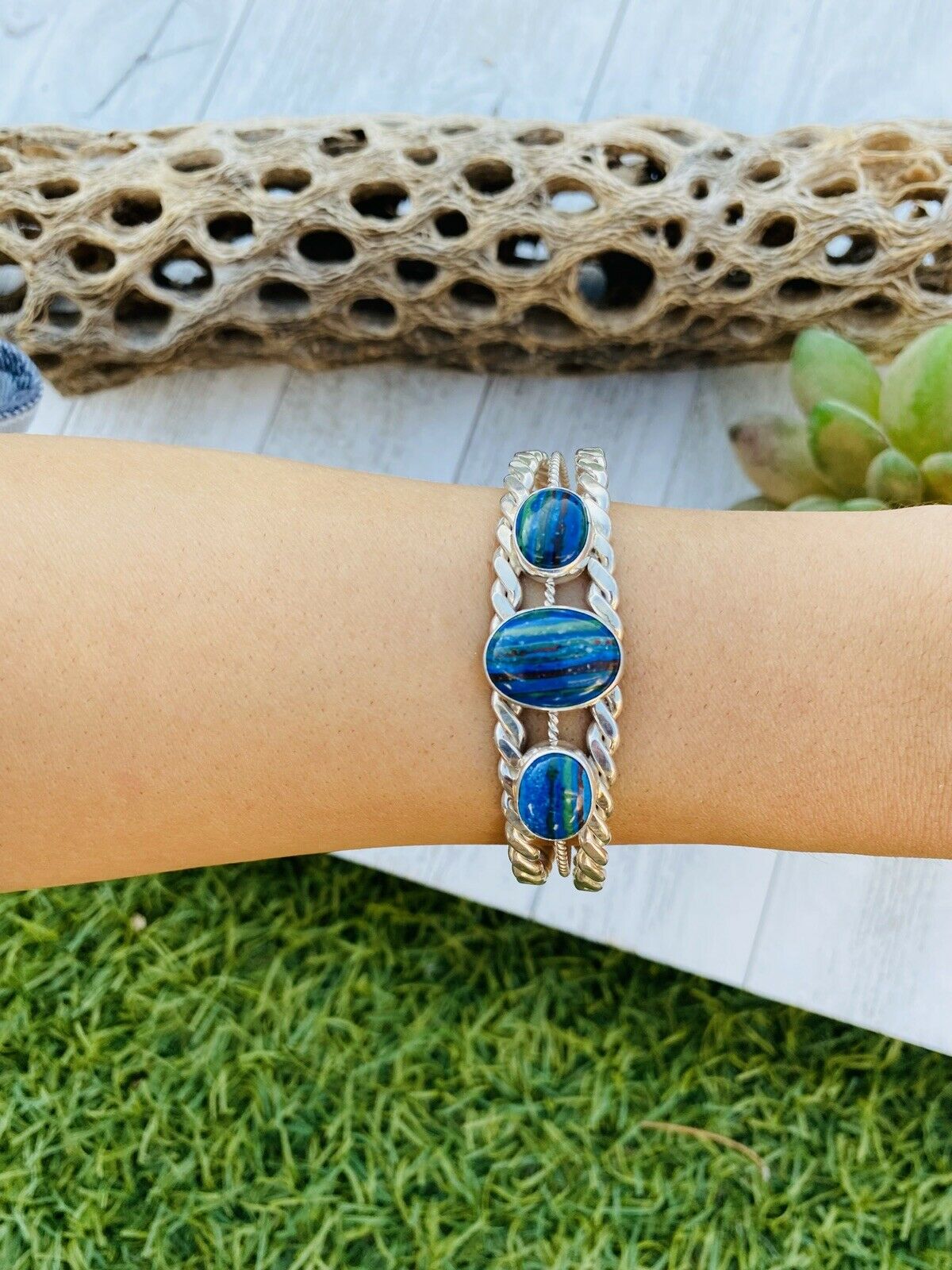 Unique Handcrafted Sterling Silver & Rainbow 3 stone Cuff Bracelet
