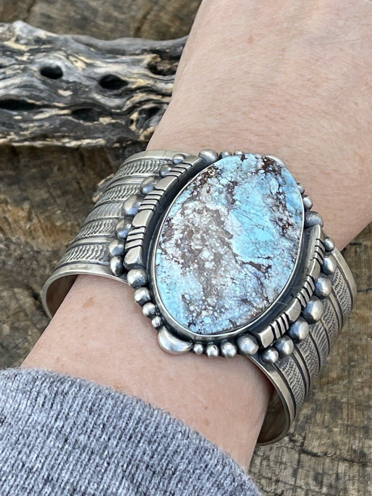 Handcrafted Handmade Sterling Silver & Number 8 Turquoise Signed Cuff Signed