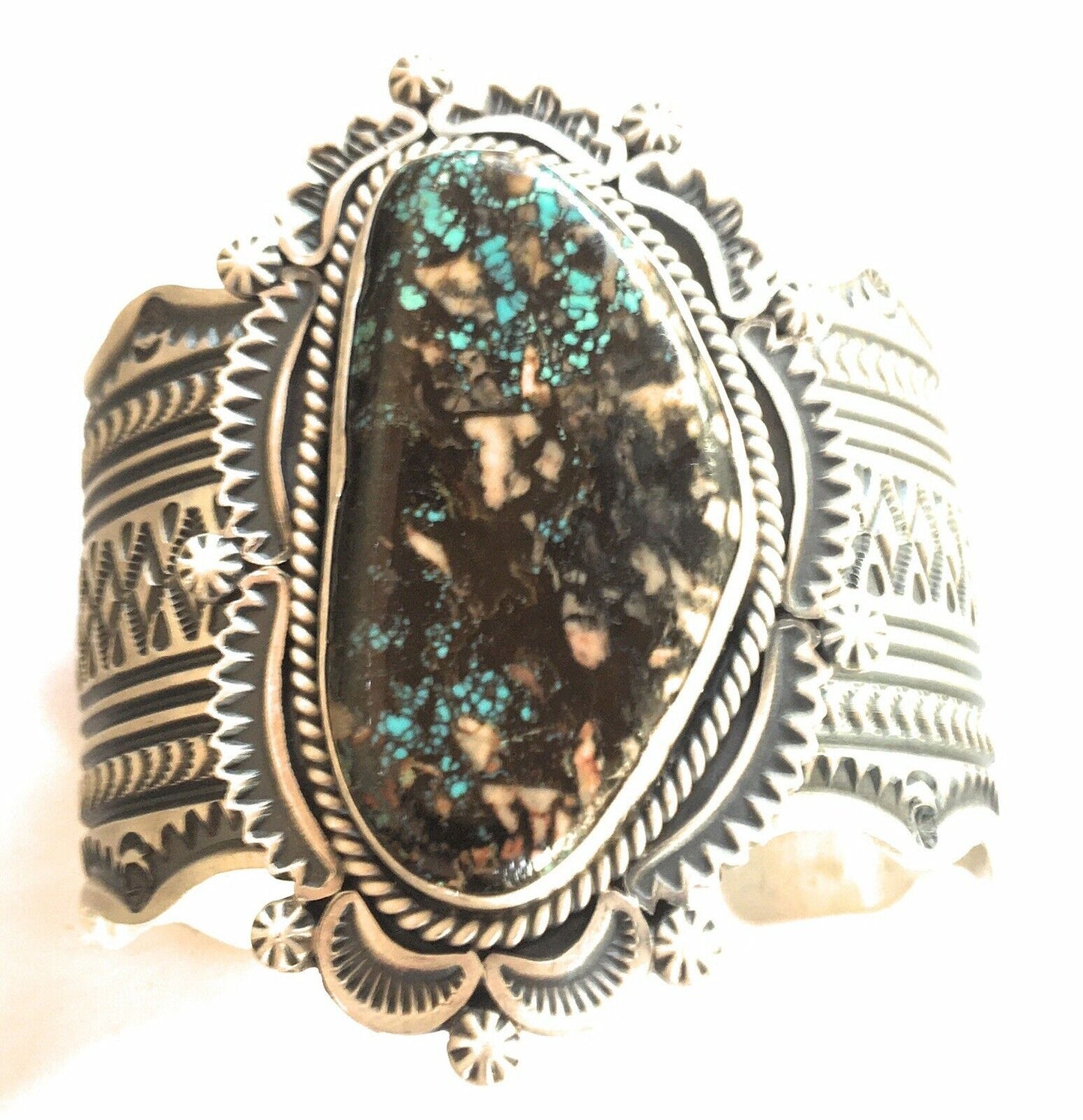 Handcrafted Royston Turquoise  Sterling Silver Handstamped Cuff Signed